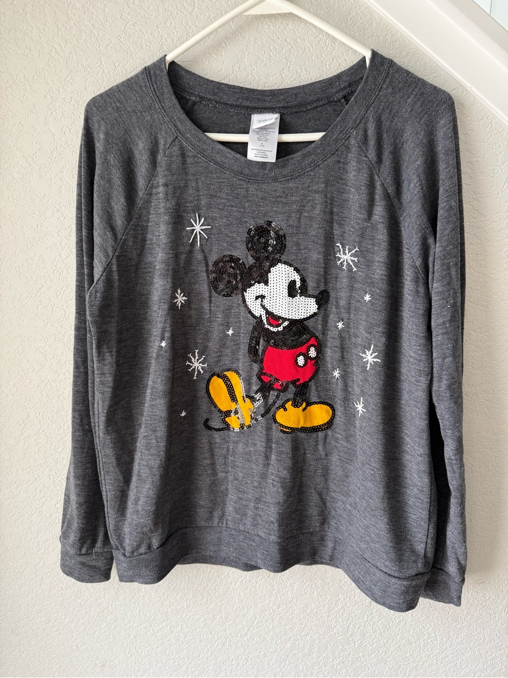 Disney Gray Sequin Mickey Mouse Sweatshirt with Red and Yellow Accents